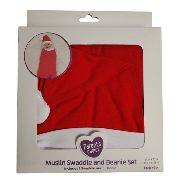 Parents Choice Muslin Swaddle and Beanie Red Cotton Infant Newborn Santa Set - Picture 1 of 6